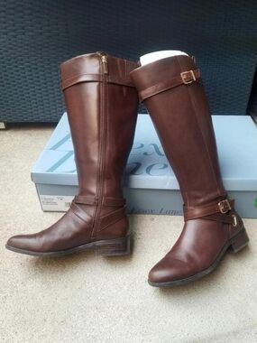 Essex Lane Maggie 7.5 Wide Calf Riding Boots Brown Leather Flat Heel Buckle
